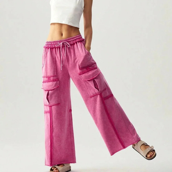 Hot Pink Casual Women's Vacation Knit Pocket Wide Leg Pants - Picture 7 of 8